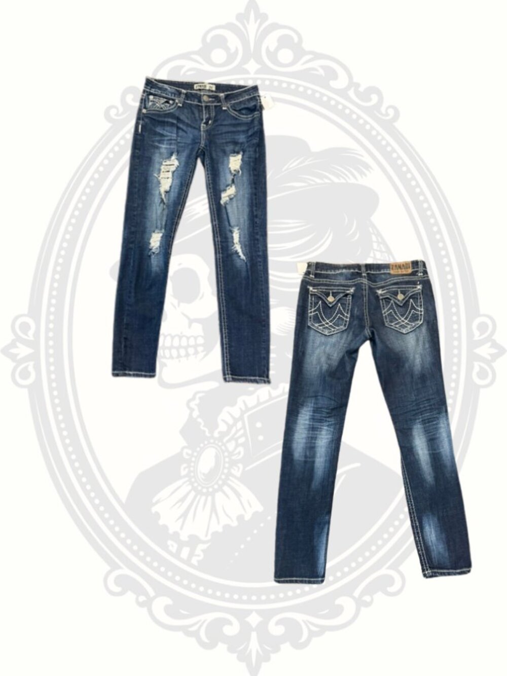 Zanadi Distressed Skinny Jeans Size 11 Stretch Denim Embellished Pocket